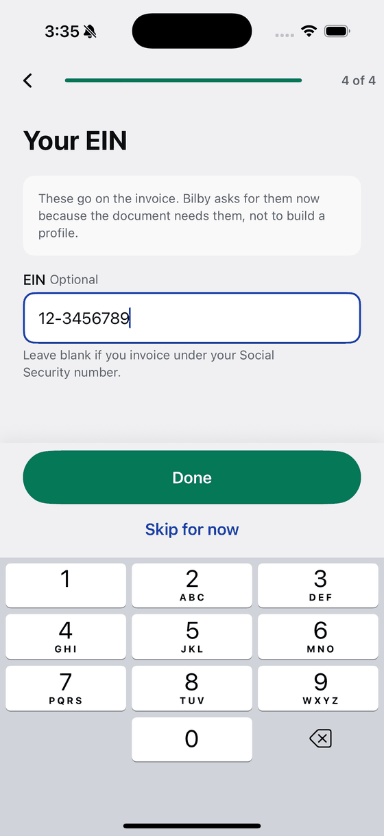 Bily asking for EIN, the identifier an American invoice carries.